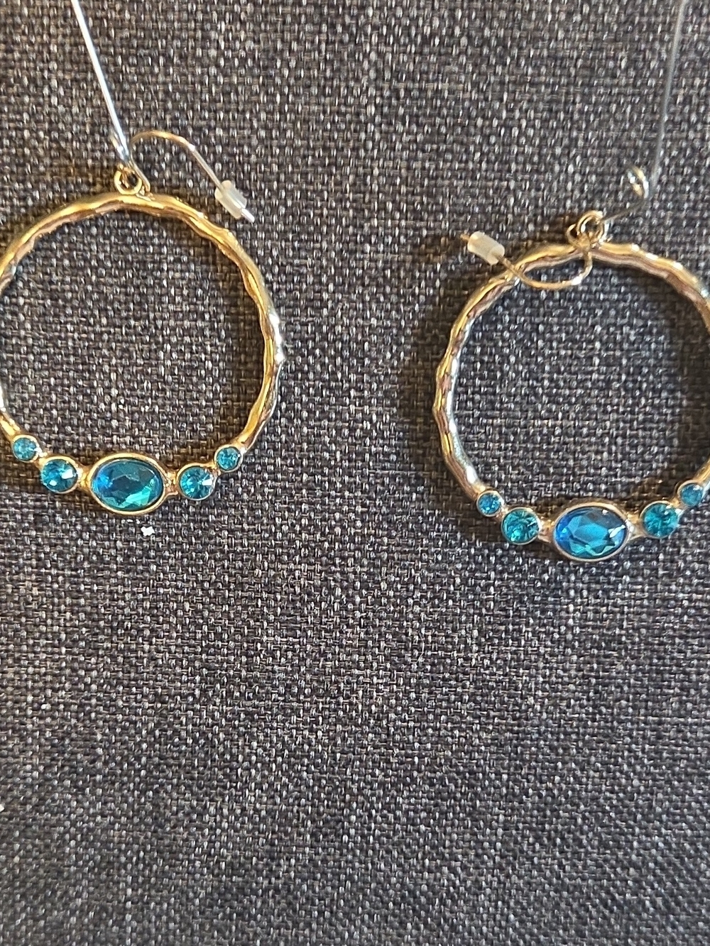 Gold Hoop Earrings with Blue Gem Accents
